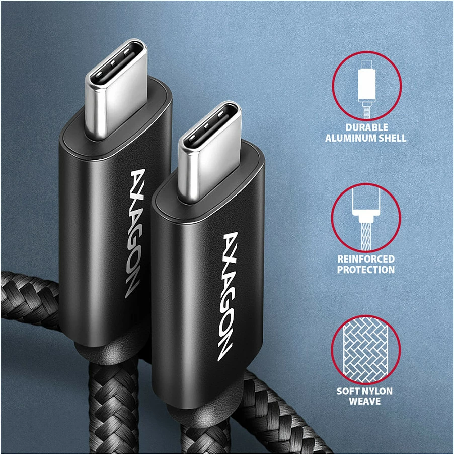 Kabllo karikimi Axagon BUCM2-CM15AB, USB-C në USB-C, 1.5 m, PD 240W, 5A, e zezë