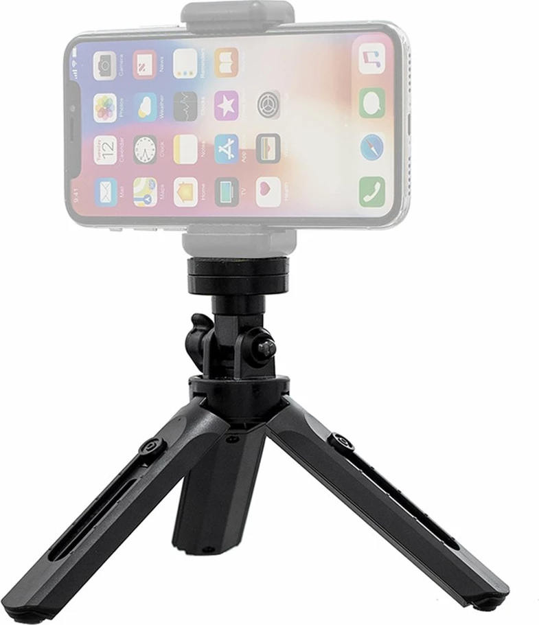 Mini tripod/selfie stick Hurtel 16-21 cm, për celular/GoPro, kllapë 55-90 mm, rrotullim 360°, i zi