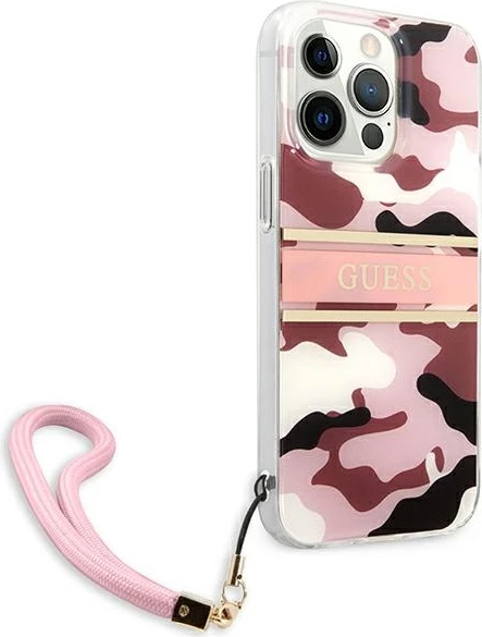 Mbështjellës Guess GUHCP13LKCABPI për iPhone 13/13 Pro 6.1", plastikë e fortë, kamuflazh, me varëse, rozë