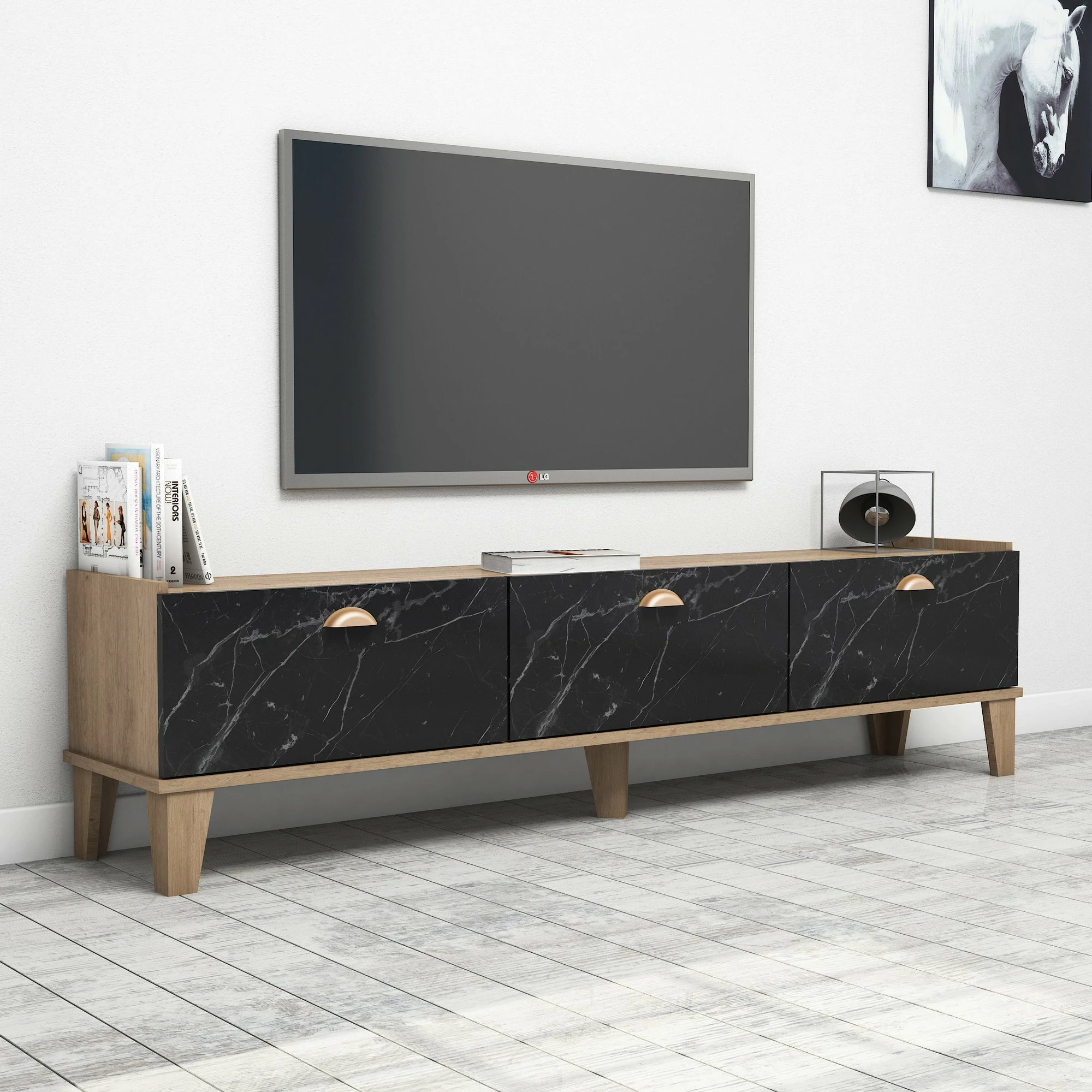 Komodë TV Skye Decor, ngjyrë lis dhe mermer, Sumer E3630