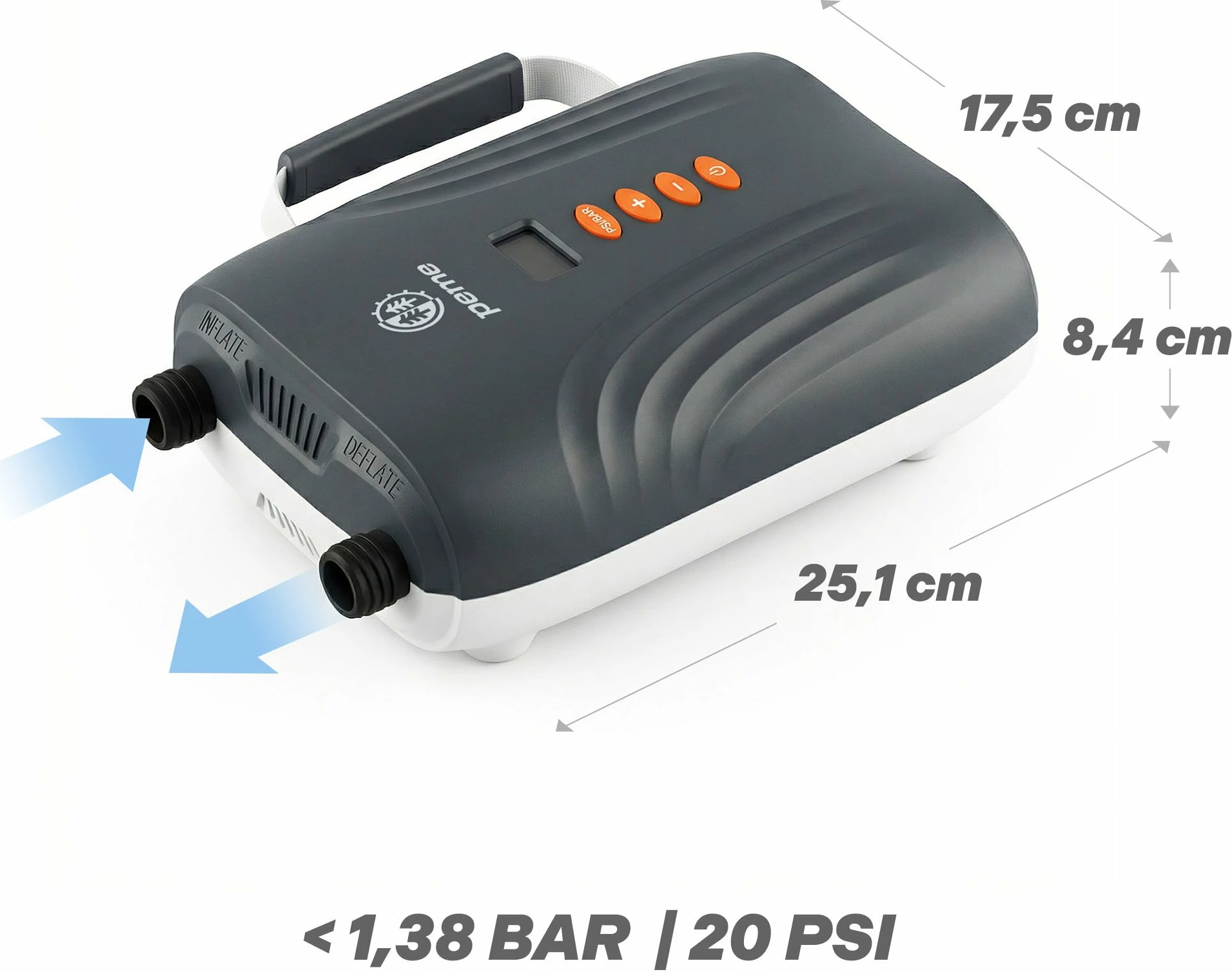 Pompë elektrike Peme Hydro 12V DC për SUP pa bateri, 20 PSI, set 6 grykë, gri