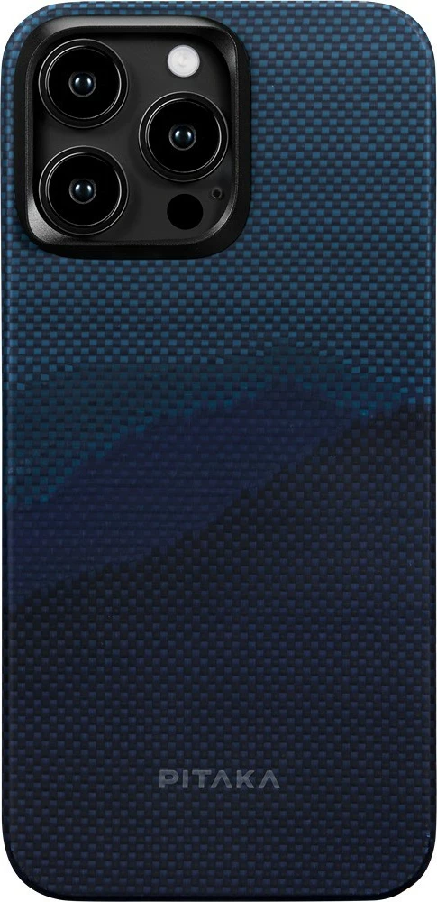 Mbështjellës Pitaka StarPeak MagEZ Case 4 për iPhone 15 Pro, MagSafe, aramid fiber, ultra i hollë 0.95 mm, Over the Horizon, blu e errët