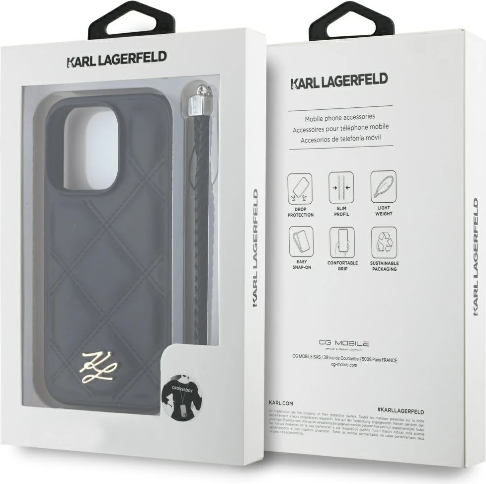 Mbështjellës Karl Lagerfeld Quilted Initial Logo & Chain Strap për iPhone 16 Pro Max, i zi