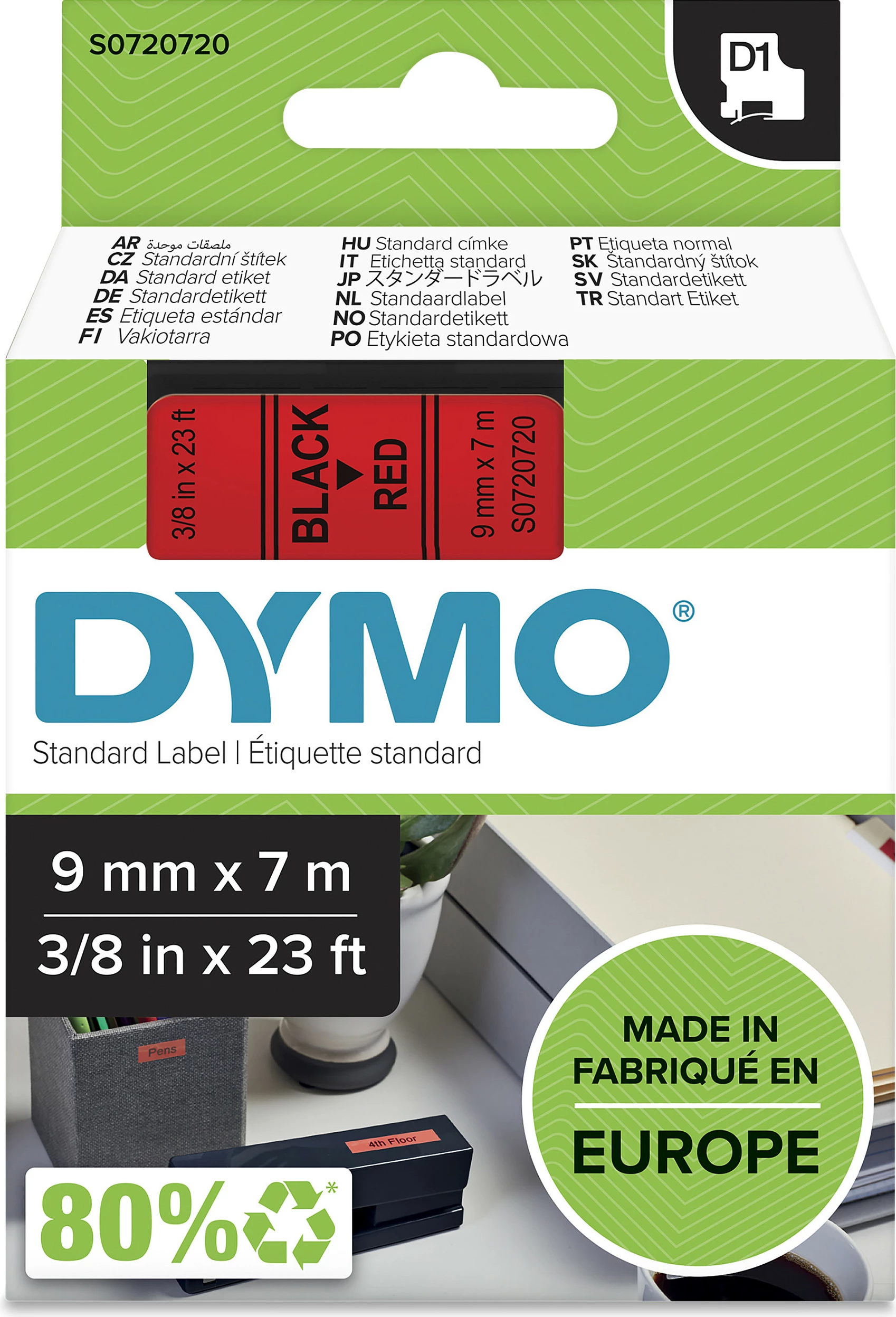 Shirit etiketash Dymo D1 S0720720 (40917), 9mm x 7m, zi në të kuqe