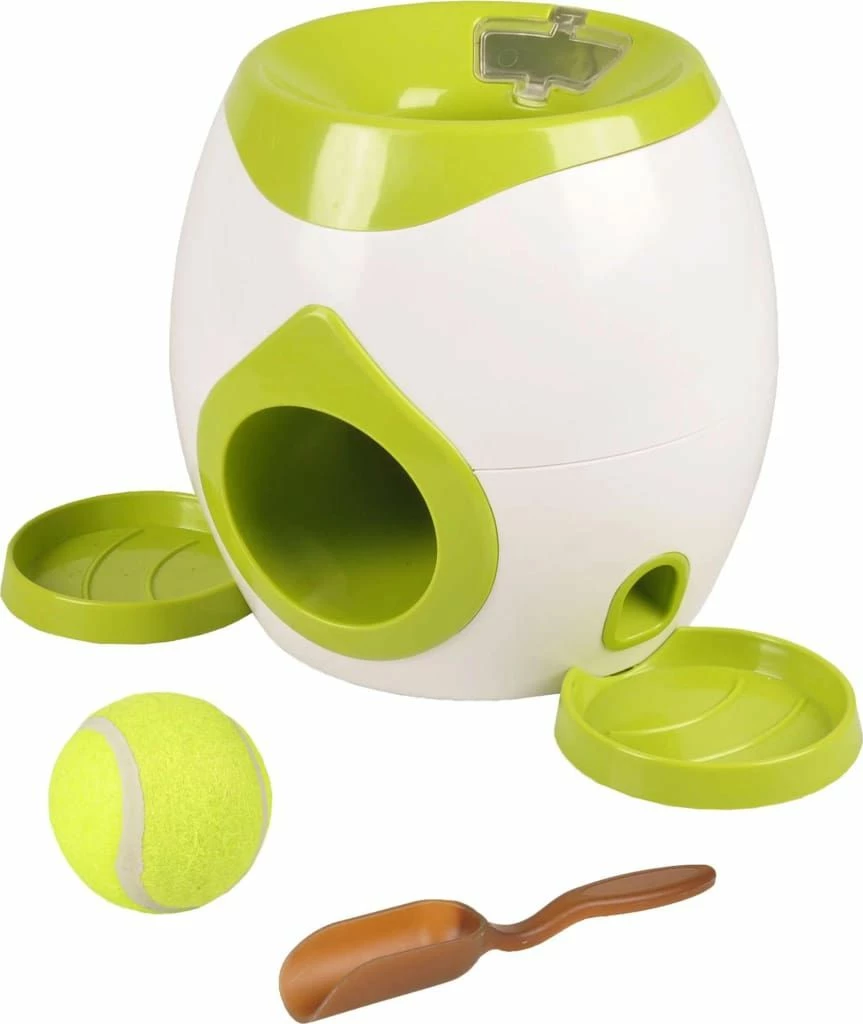 Lodër interaktive fetch për qen Flamingo Wilson 517922, me shpërndarës snacks, 29 x 19 x 18 cm, set me top tenisi 5 cm + lugë, gjelbër/bardhë