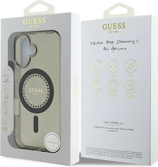 Mbështjellës Guess MagSafe për iPhone 16 Plus, i zi, me rhinestones