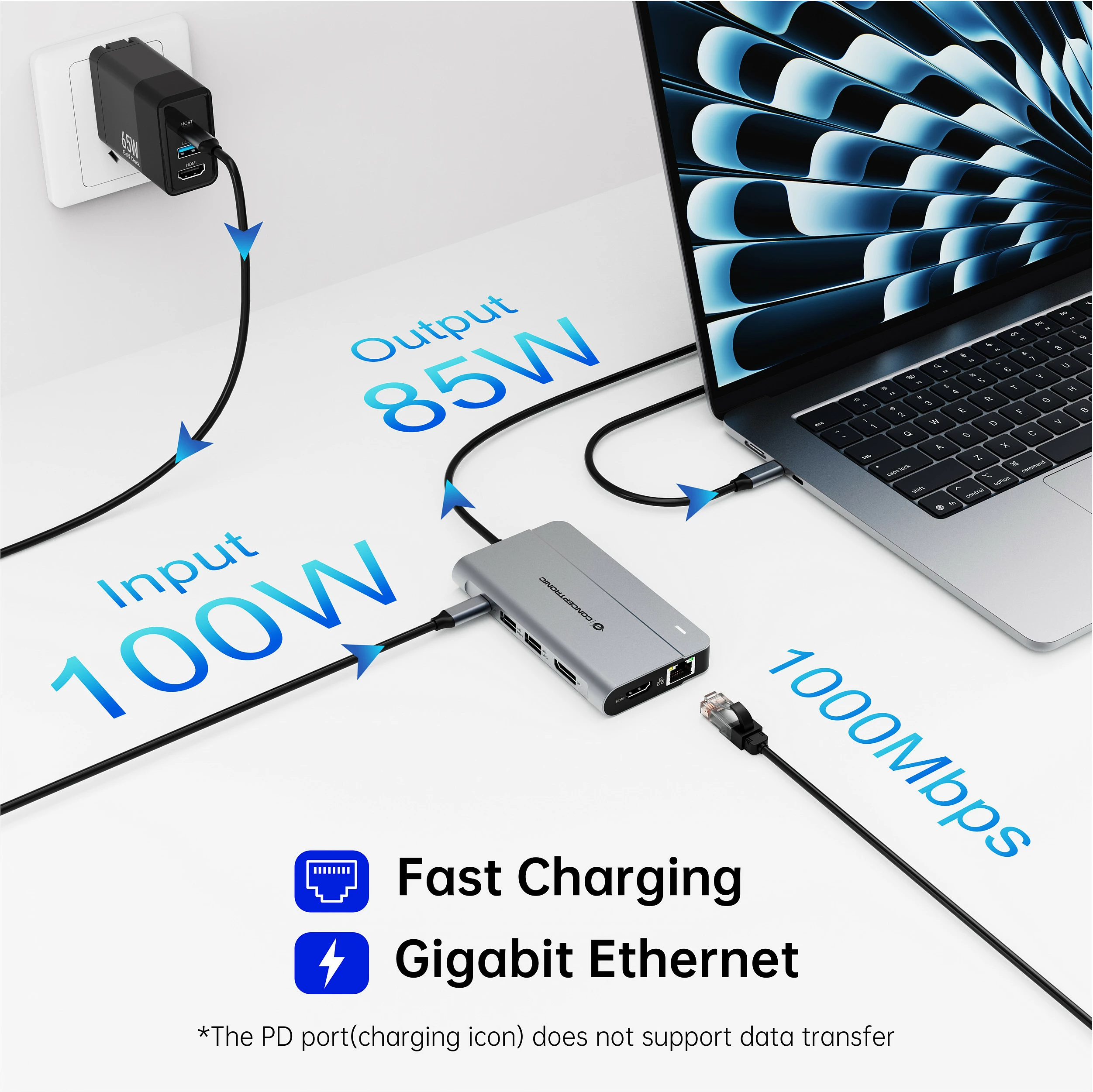 Dok USB-C Conceptronic 10-në-1, 8K HDMI/DisplayPort, 100W PD, Gigabit LAN, gri