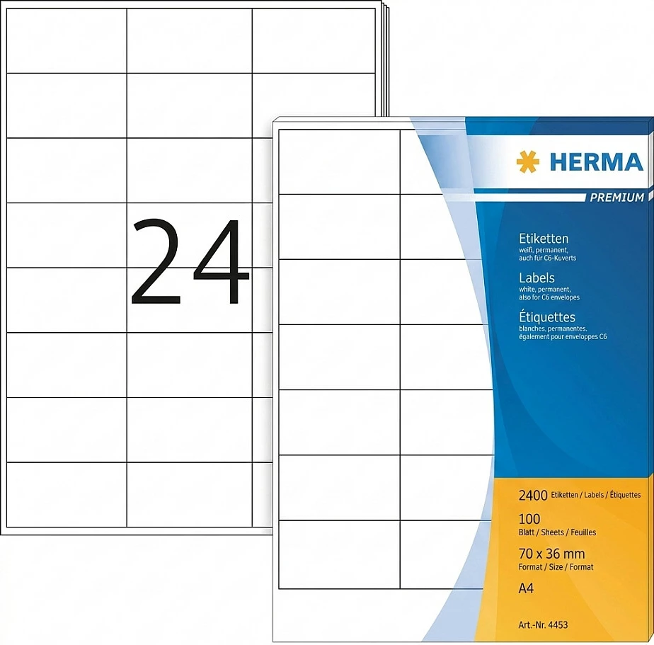 Etiketa printeri HERMA Premium A4, 70x36 mm, 2400 copë, të bardha