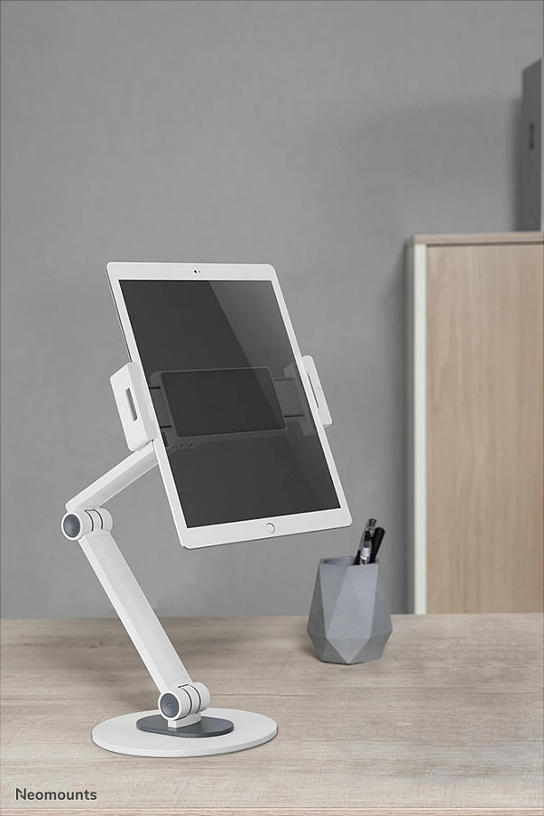 Mbajtëse tavoline Neomounts DS15-550WH1, universal, për tabletë/celular, rrotullim 360°, e bardhë