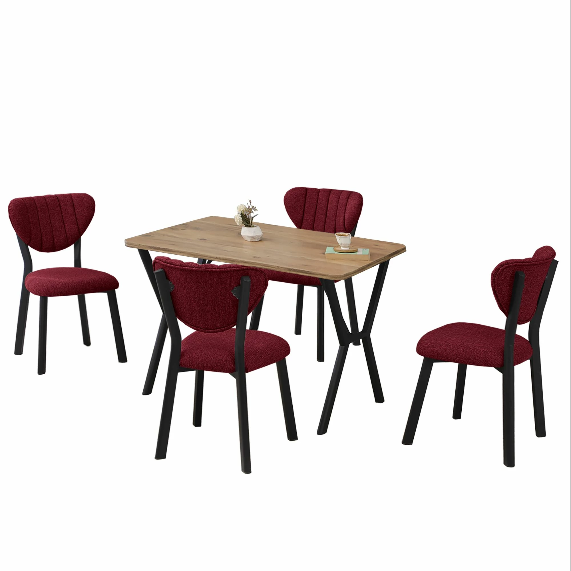 Tavolinë me karrige, zgjatëse, 5 copë, Skye Decor, ngjyrë elma-burgundy, walnut