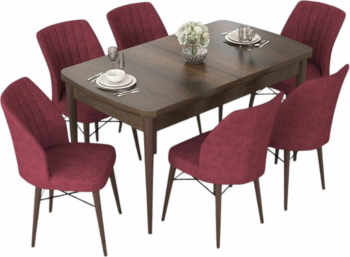 Tavolinë me karrige, zgjatshme, 7 copë, ngjyrë barok dhe burgundy, Skye Decor, Nef