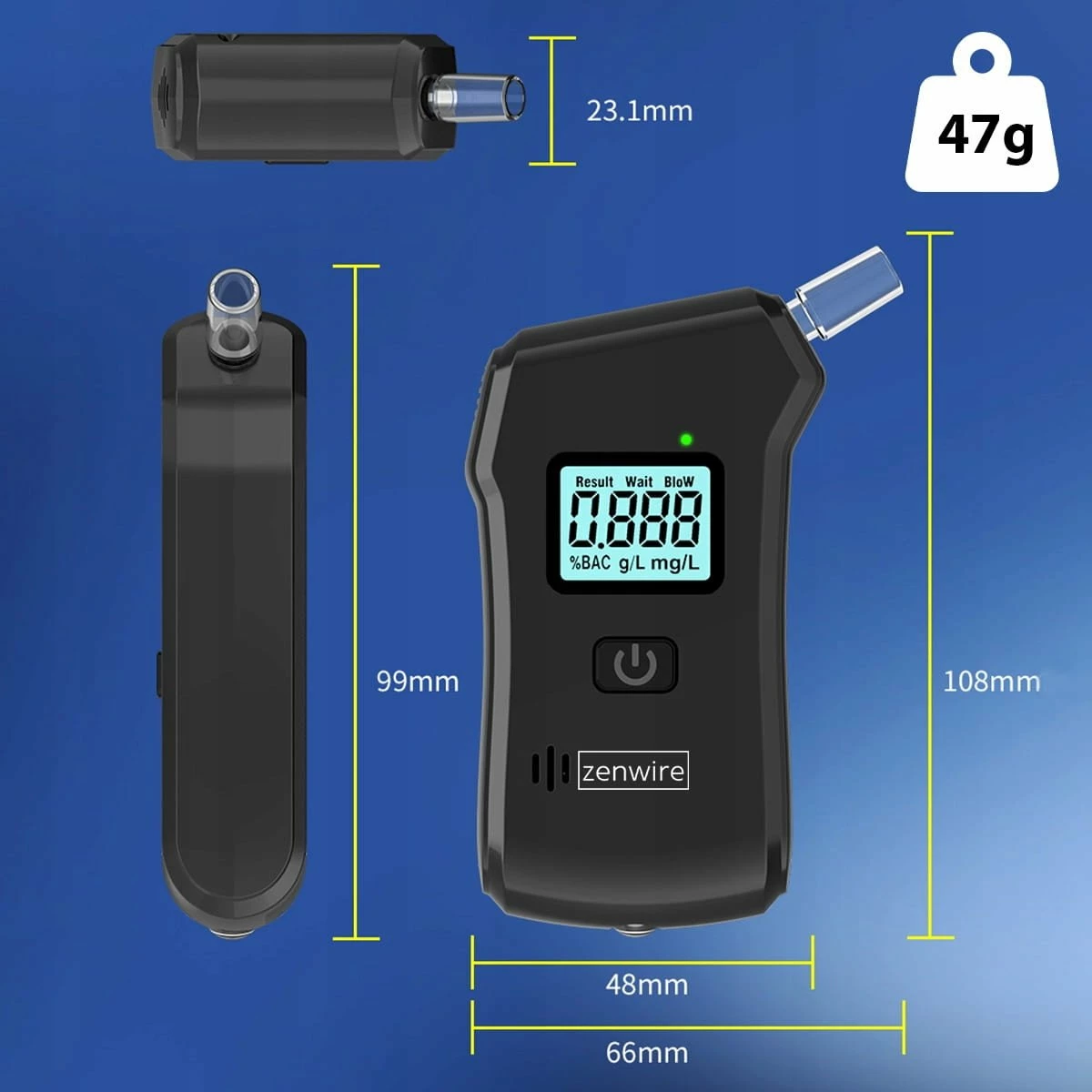 Alkotest digjital Zenwire MR806, 0.0–2.0‰, saktësi 0.01‰, me llambë dore, i zi, set 5 grykë