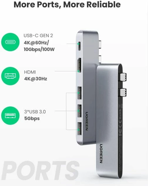 USB-C hub UGREEN 60559, HDMI 4K@30Hz, 3x USB 3.0, USB-C PD 100W, gri, me kuti