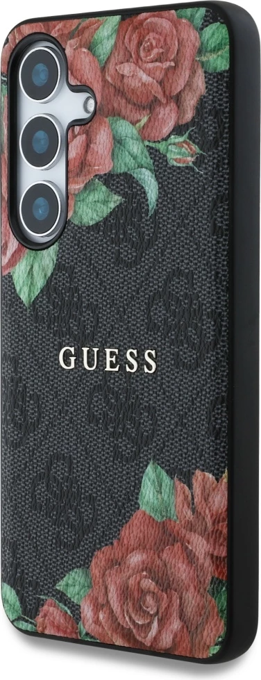 Mbështjellës Guess Leather 4G Flowers Print Metal Classic Logo MagSafe për Samsung Galaxy S25, Zi