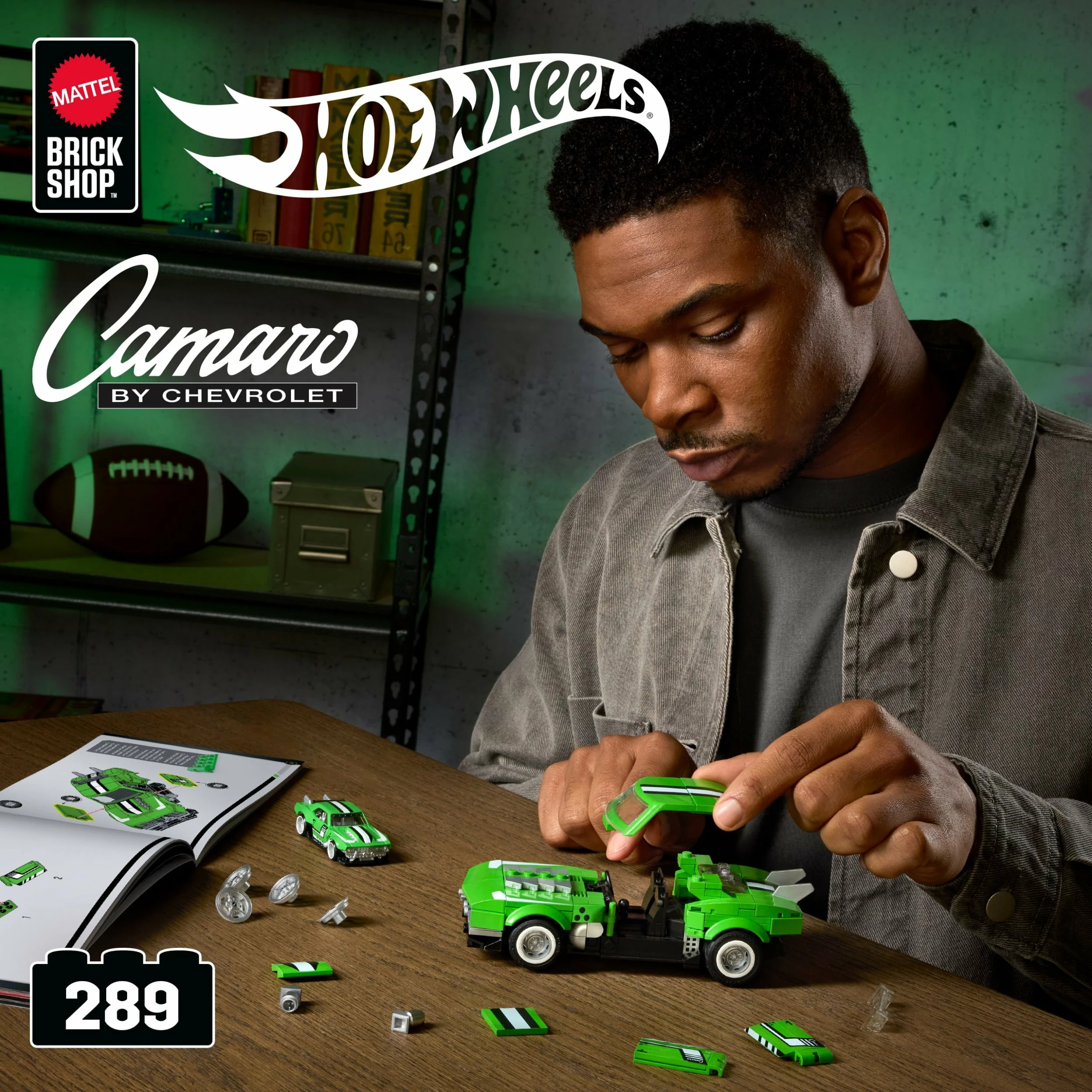 Set blloqesh ndërtimi Mattel Hot Wheels Speed Series Custom '68 Camaro JFT16, 289 pjesë, 1 makinë metalike 1:64, jeshile