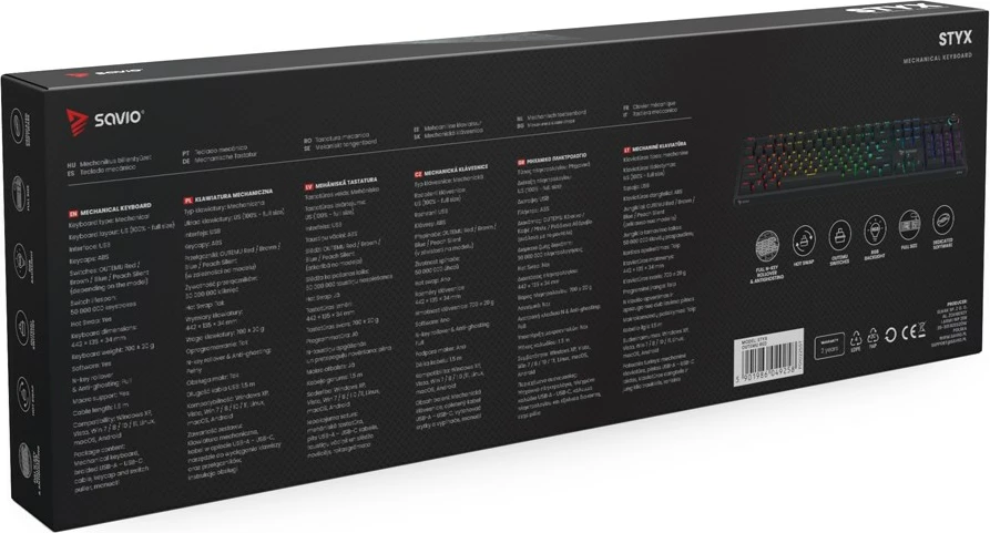 Tastierë mekanike SAVIO STYX Outemu Red, RGB, Full-size, e zezë