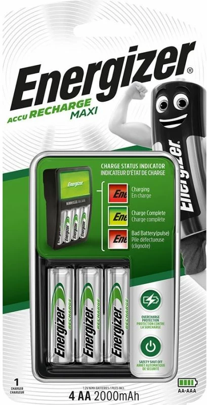 Karikues baterish ENERGIZER Maxi me 4 bateri AA 2000mAh, gri/zi/jeshile