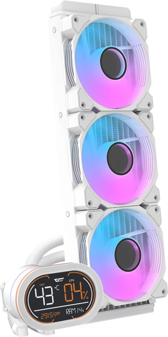 Ftohje me ujë për procesor, Darkflash, DH360D White v2, radiator 360 mm me 3x120 mm PWM, ARGB, ekran i segmentuar, për Intel/AMD, e bardhë