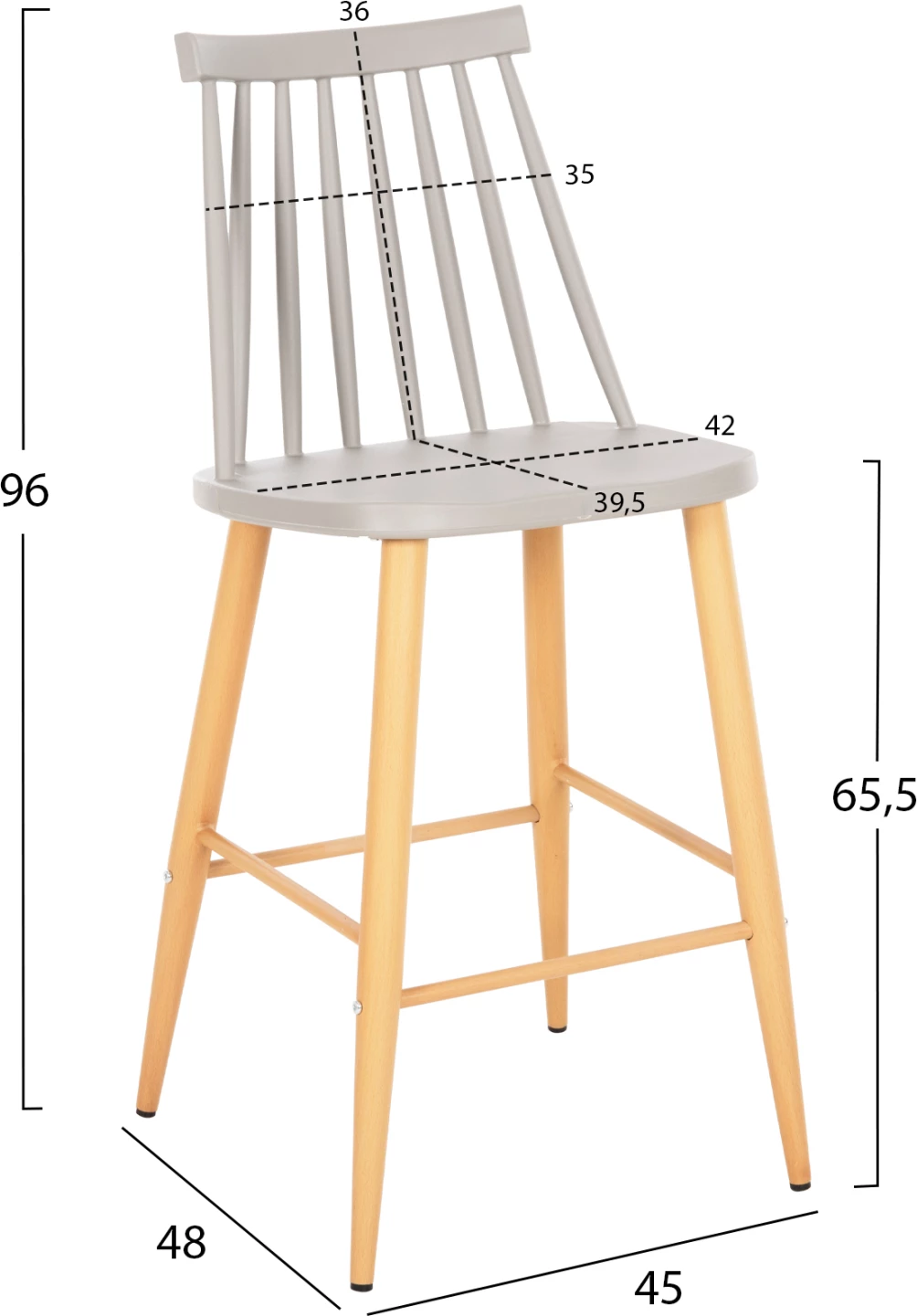 Karrige për bar mesatare VANESSA FH9300.10, polipropilen gri dhe metal, dru natyral, 45x48x96H cm., set prej 2 copë