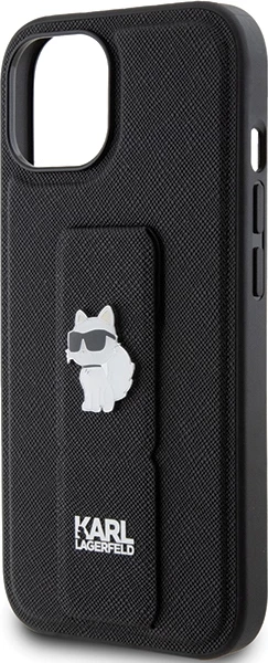 Mbështjellës Karl Lagerfeld Gripstand Saffiano Choupette Pins për iPhone 15, i zi