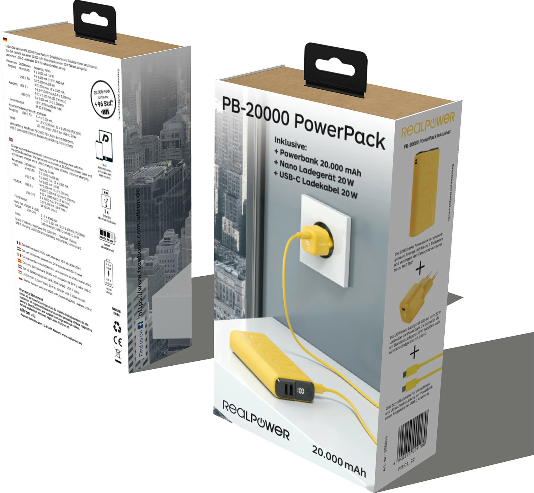 Powerbank Realpower Ultron PB-20000, 20000 mAh, Fast Charging, USB-C PD, e verdhë