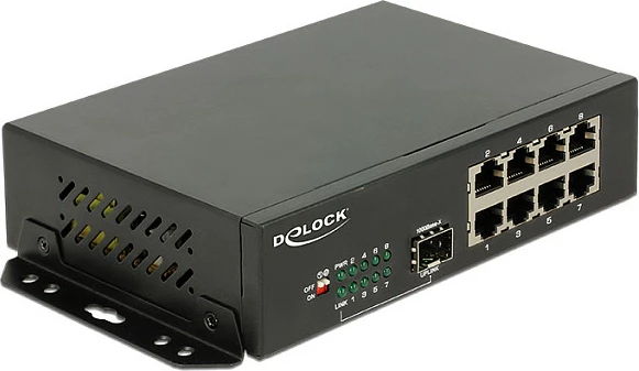 Switch rrjeti DeLOCK 87708, 8x Gigabit RJ-45 + 1x SFP, montim në mur, i zi