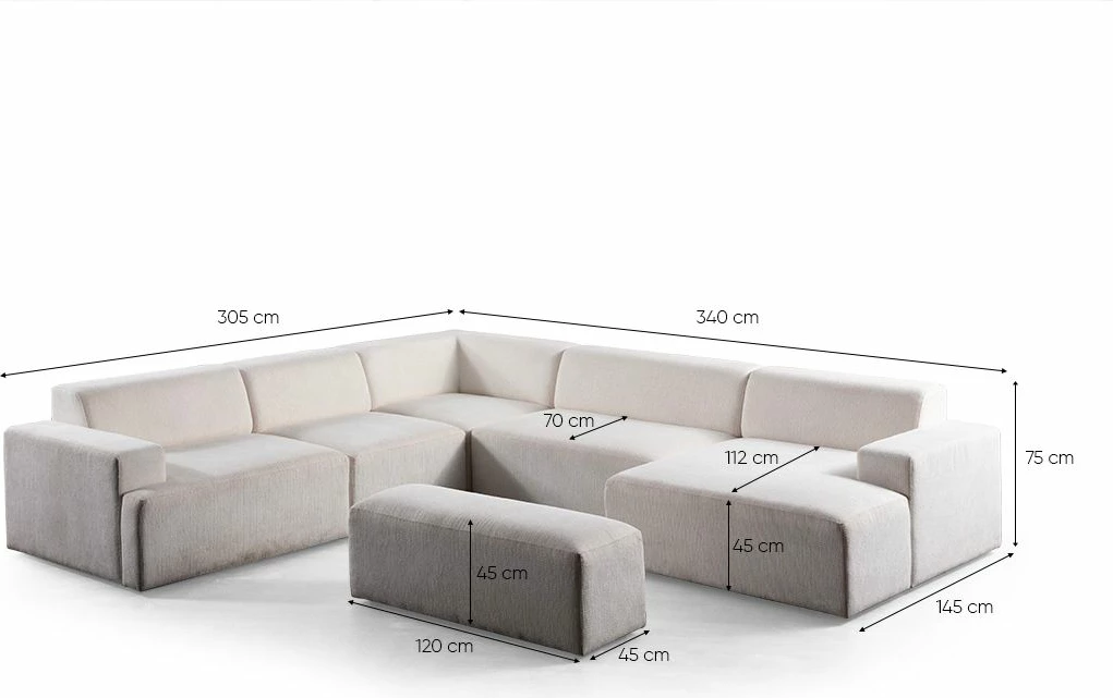Kënd-sofë Melva, e bardhë, Atelier del Sofa (L1,5 + O1 + C + O2 + Chl Djathtas + Stol)