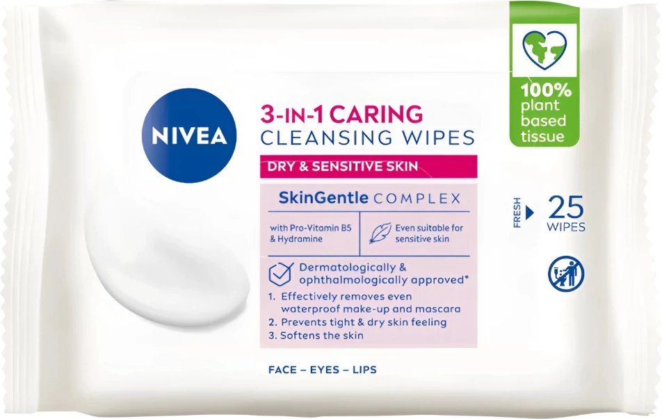 Peceta pastruese për heqje grimi Nivea Biodegradable Soothing për femra, 25 copë