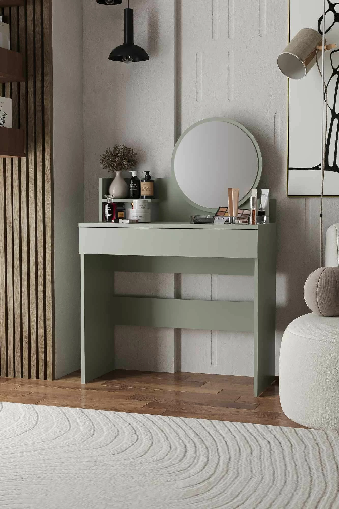 Tavolinë grimimi Skye Decor, Harmony Mini, e rrumbullakët, ngjyrë jeshile e hirit