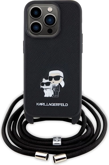 Mbështjellës Karl Lagerfeld Crossbody Saffiano Metal Pin Karl & Choupette për iPhone 15 Pro, e zezë