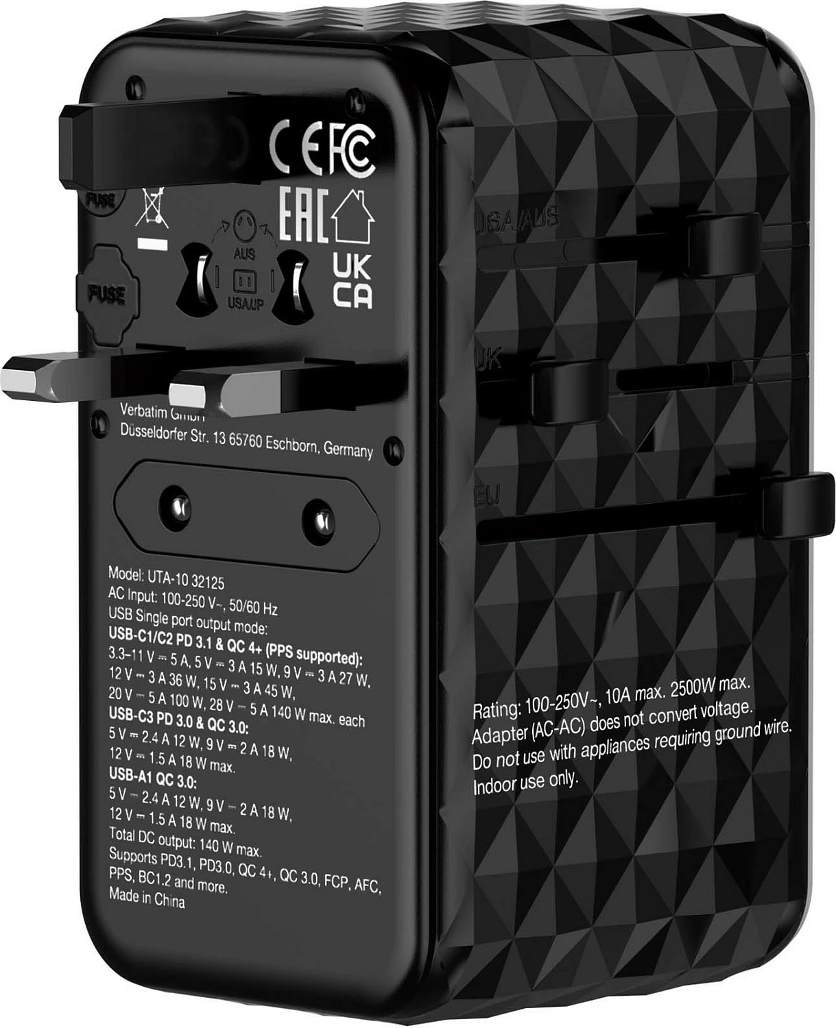 Adapter udhëtimi universal Verbatim UTA-10 GaN III, 140W, 3x USB-C PD, 1x USB-A, i zi