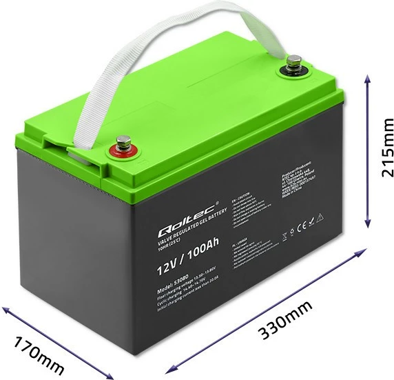 Bateri xhel Qoltec 100Ah 12V, Model 53080, e zezë me të gjelbër