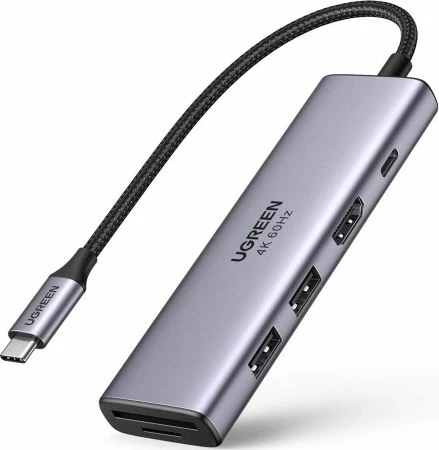 Hub USB-C Ugreen CM511 6-në-1 (UGR1064GRY), 2x USB-A 3.2 Gen1, HDMI 4K@60Hz, SD/TF, USB-C PD 100W, argjend