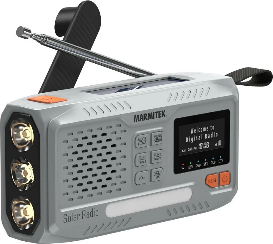 Radio portative Marmitek RESQ 100, DAB/DAB+ FM, Bluetooth 5.3, bateri 4500 mAh, gri e çelët