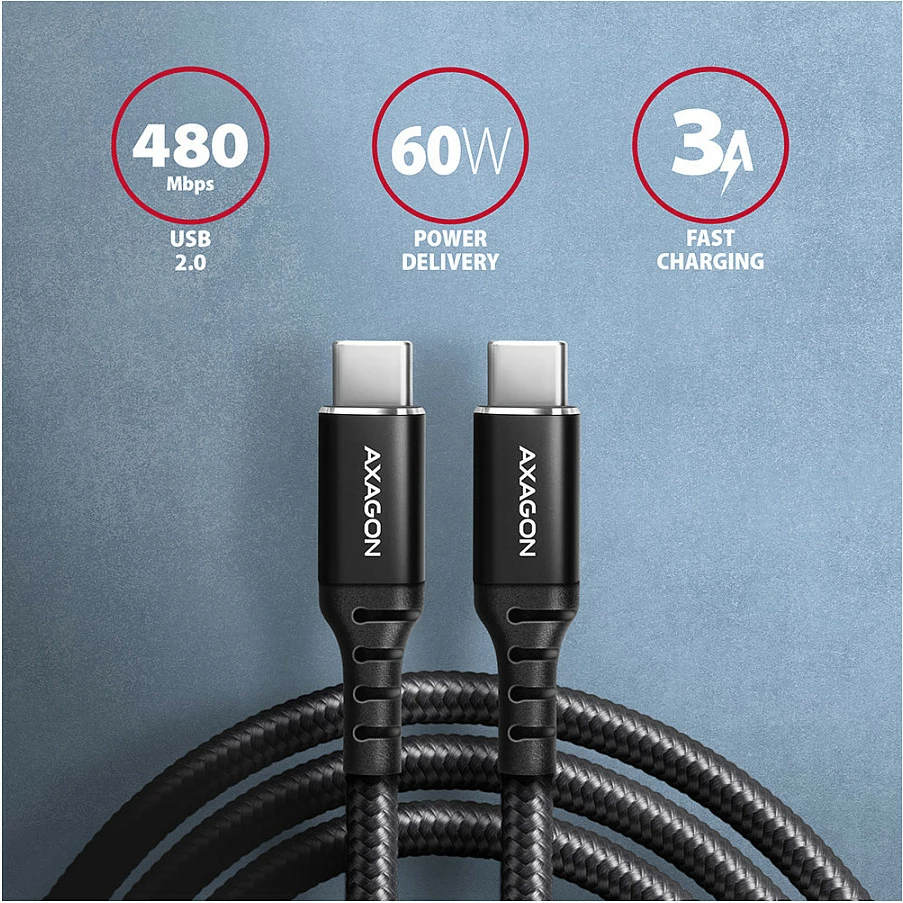 Kabllo USB-C Axagon BUCM-CM30AB, USB-C në USB-C, 3 m, PD 60W, 3A, e thurur, e zezë