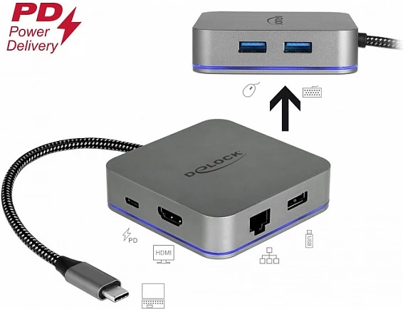 Docking station DeLOCK 87742 USB-C, 3x USB-A, HDMI, RJ-45, USB PD 87W, e hirtë
