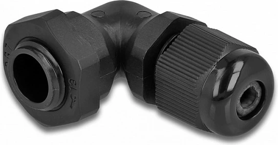 Glandë kablli DeLOCK PG7 90°, IP68, për kabllo 3–6.5 mm, plastikë, e zezë