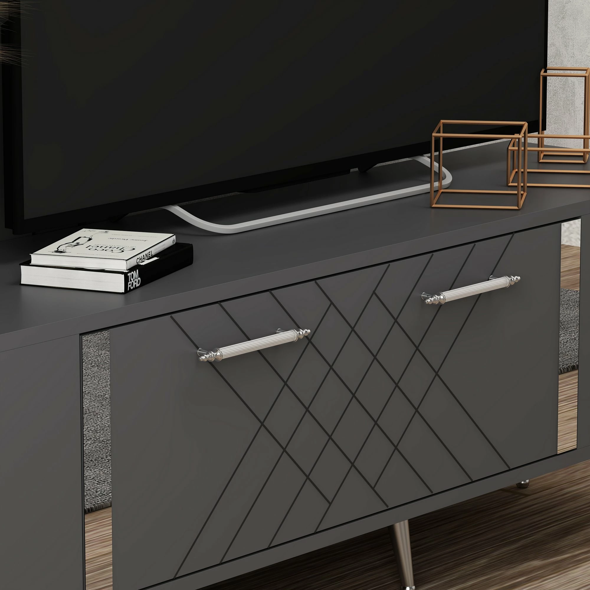 Komodë televizori, ngjyrë antracit dhe argjendi, Skye Decor, Detas