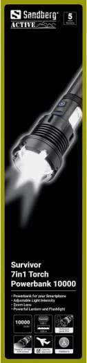Llambë dore + powerbank SANDBERG Survivor 7-in-1 Torch Powerbank 10000 10,000 mAh 1000 lm, e zezë, set 4 pjesë