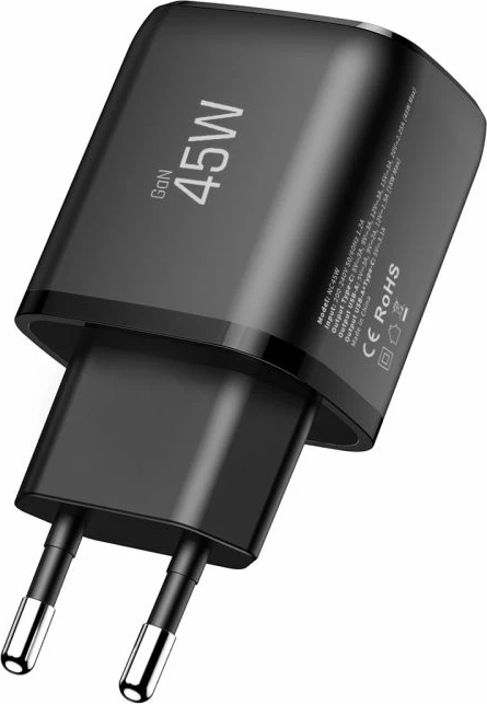 Karikues muri Tech-Protect NCA45W-GAN 45W 2-port (USB-C PD 3.0 + USB-A QC 3.0) me kabllo USB-C në USB-C 1m, i zi, set