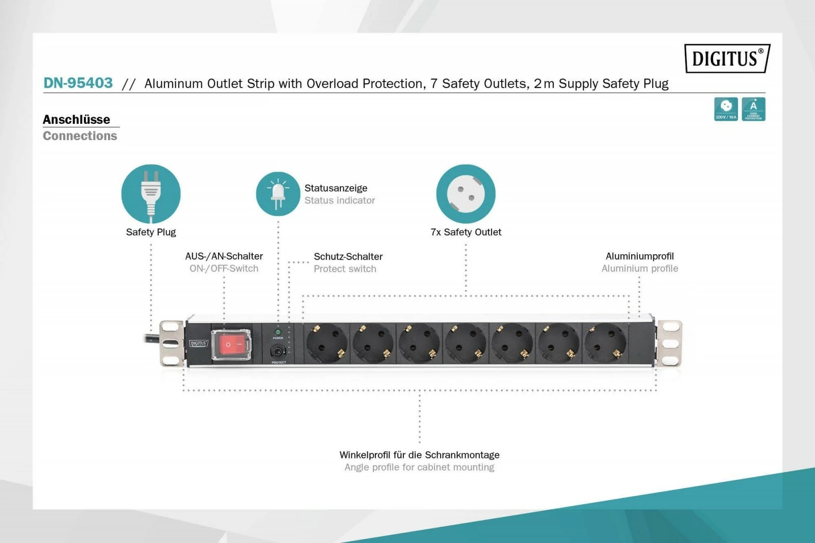 Prizë rack Digitus DN-95403, 7x Schuko, 1U, 2m, me mbrojtje nga mbingarkesa, e zezë/argjend