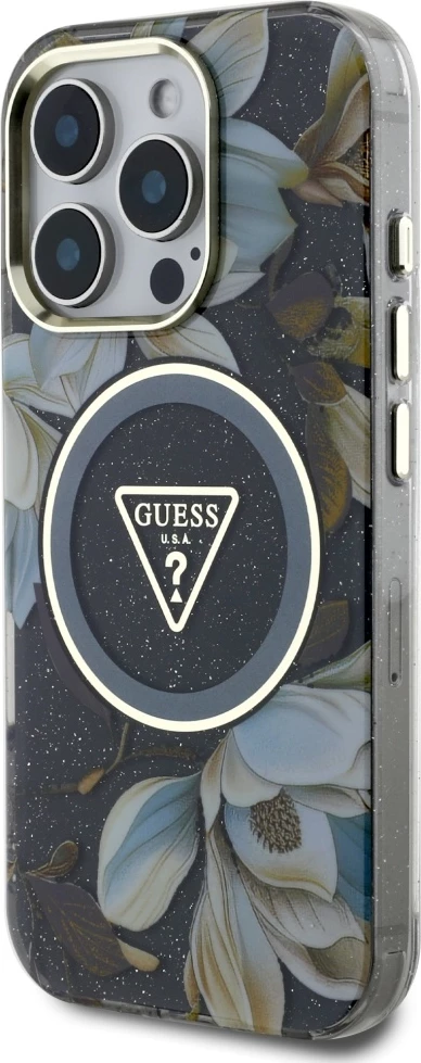 Mbështjellës Guess Glitter Flowers Triangle Buttons MagSafe për iPhone 16 Pro, i zi