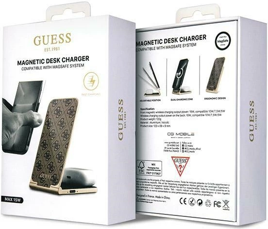 Karikues induktiv 2-në-1 Guess Pattern MagSafe, 15W, kafe, i palosshëm