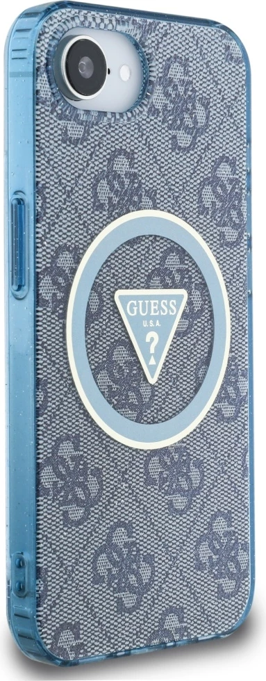 Mbështjellës Guess IML Metal Glitter 4G Circle Triangle MagSafe për iPhone 16e, Blu
