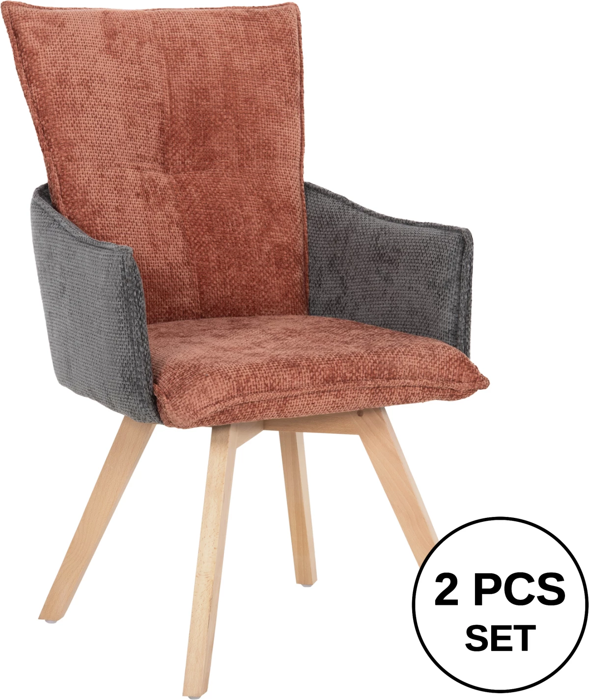 Karrige ngrënieje me krahë REX FH9847.06, ngjyrë e kuqe tullë-gri, këmbë druri ahu, 53x60x93H cm., set prej 2 copë