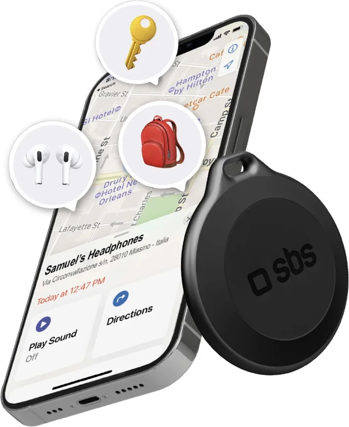 Tracker SBS Track My Circle, i papërshkueshëm nga uji IP65, kompatibil me Apple Find My, i zi