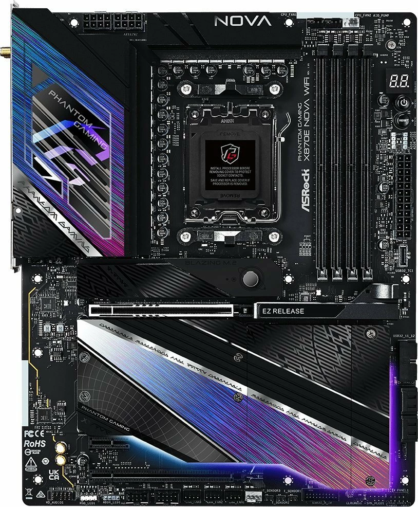 Pllakë amë ASRock X870E Nova WiFi Phantom Gaming ATX DDR5 256GB Wi‑Fi 7 USB4, e zezë/vjollcë, me antenë Wi‑Fi dhe kabllo SATA