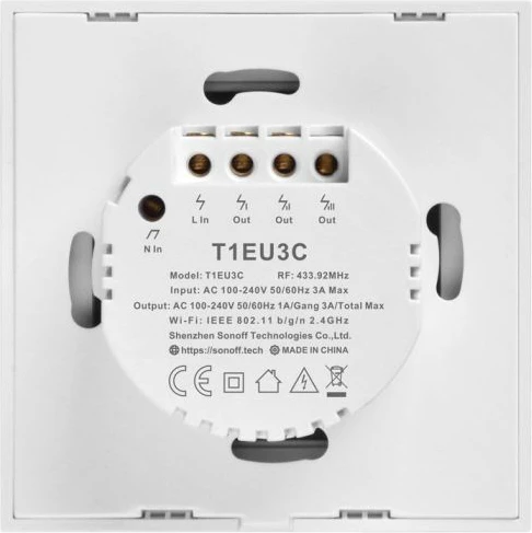 Switch muri smart SONOFF T1EU3C-TX, 3-taster, Wi‑Fi + RF433, EU, xham i temperuar, i bardhë