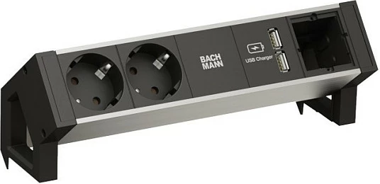 Zgjatues tavoline Bachmann DESK2, 2x Schuko, 1x USB Charger, GST18, alumini, 0.2m, zi/gri