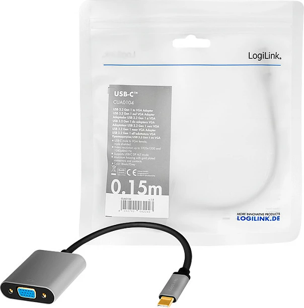 Adapter USB-C në VGA LogiLink, 1080p 60Hz, kabllo 0.15m, alumin, zi/gri